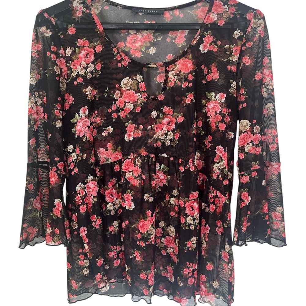 3/$20 Floral Sheer Black and Pink Women's Top - Small